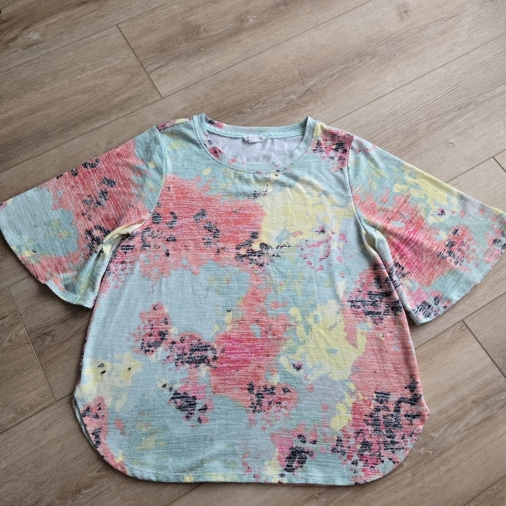 Westbound Women's Large Watercolor Crew Neck half bell sleeve Blouse VGUC